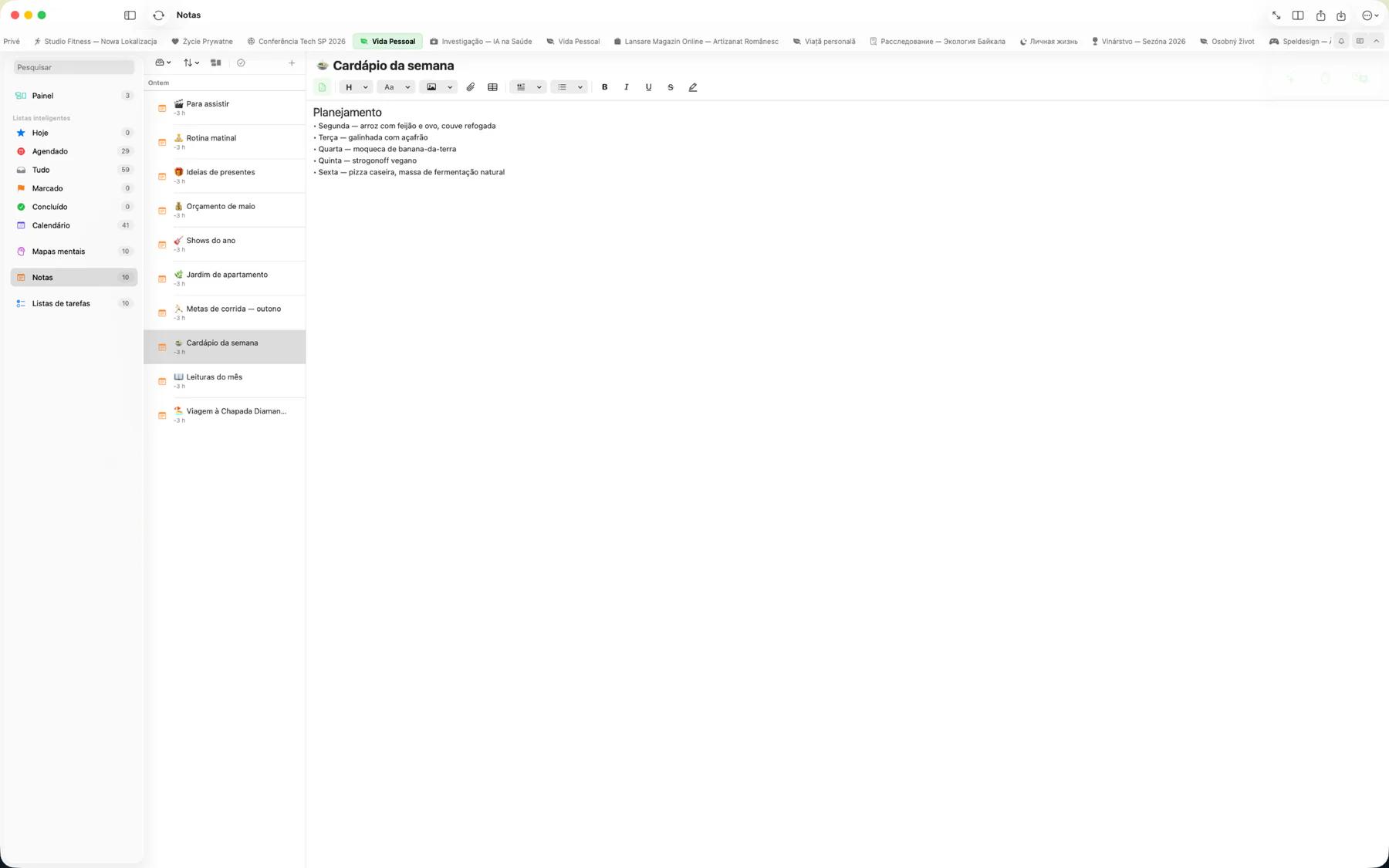 Editor de notas do Mintofu a mostrar formatação rica com títulos, negrito e destaques de cor