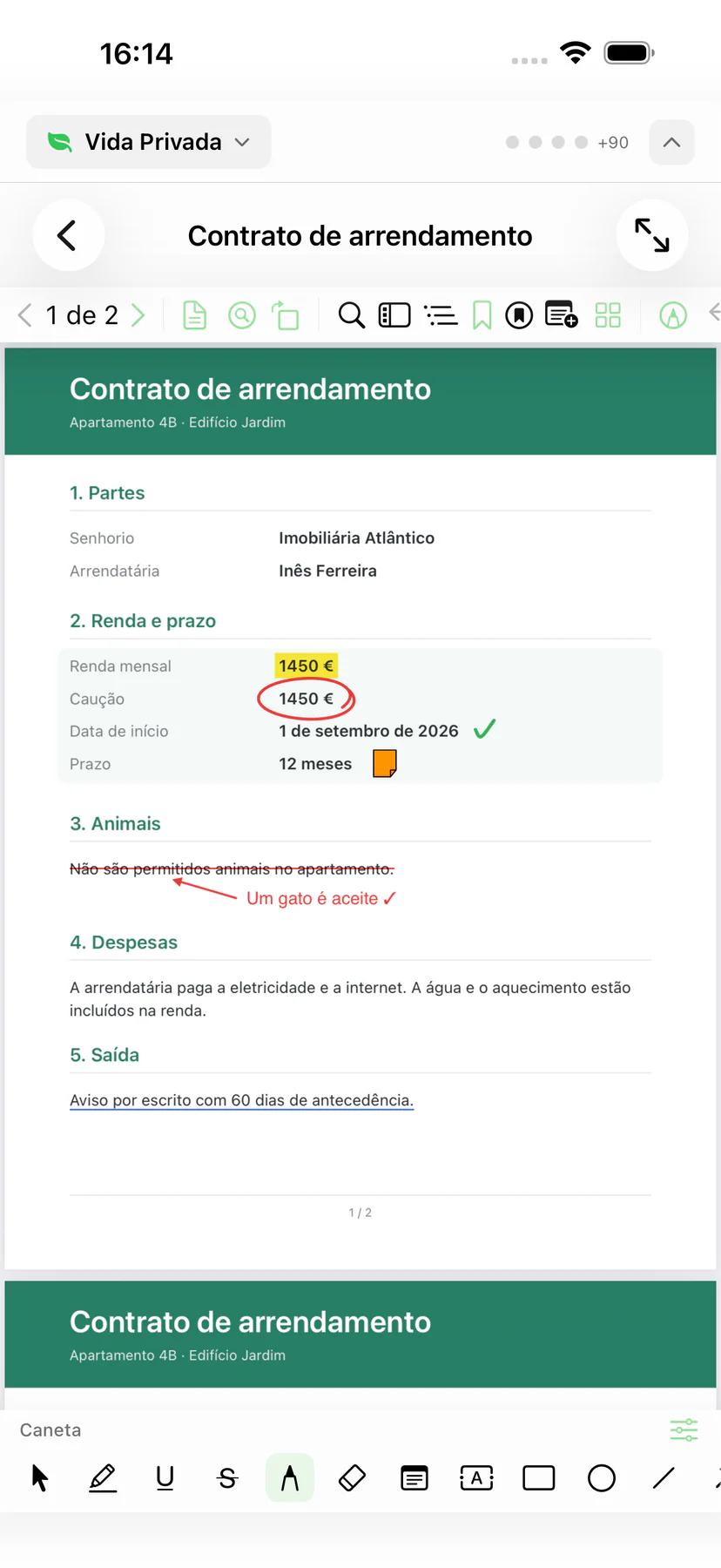 Mintofu no iPhone a mostrar um PDF anotado com a barra de ferramentas de anotação