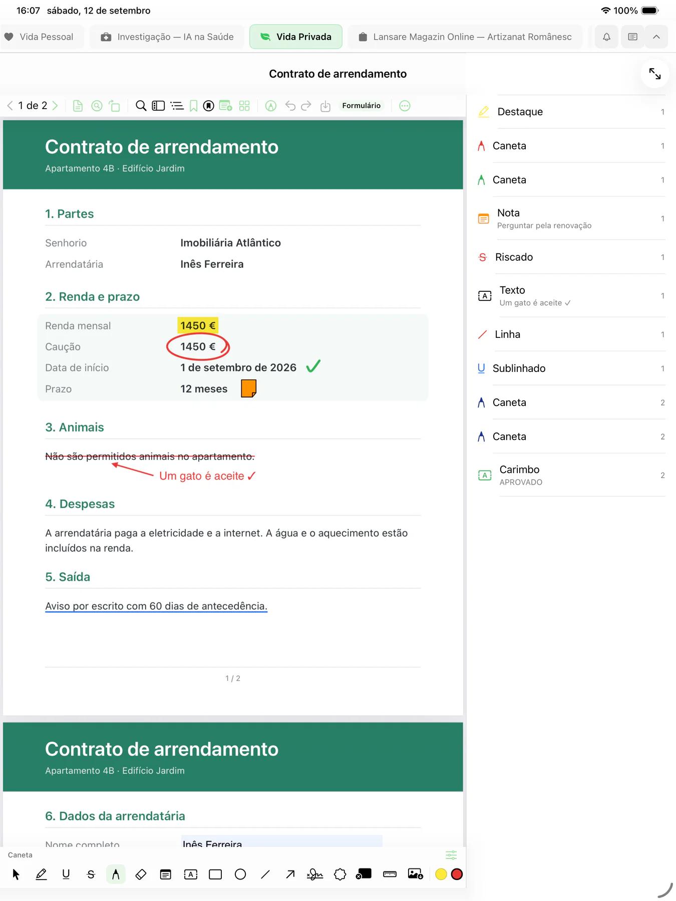 Mintofu no iPad a mostrar o PDF de um contrato de arrendamento anotado com um realce, um valor circulado, um rasurado com uma nota à caneta e uma nota adesiva, com a lista de anotações ao lado