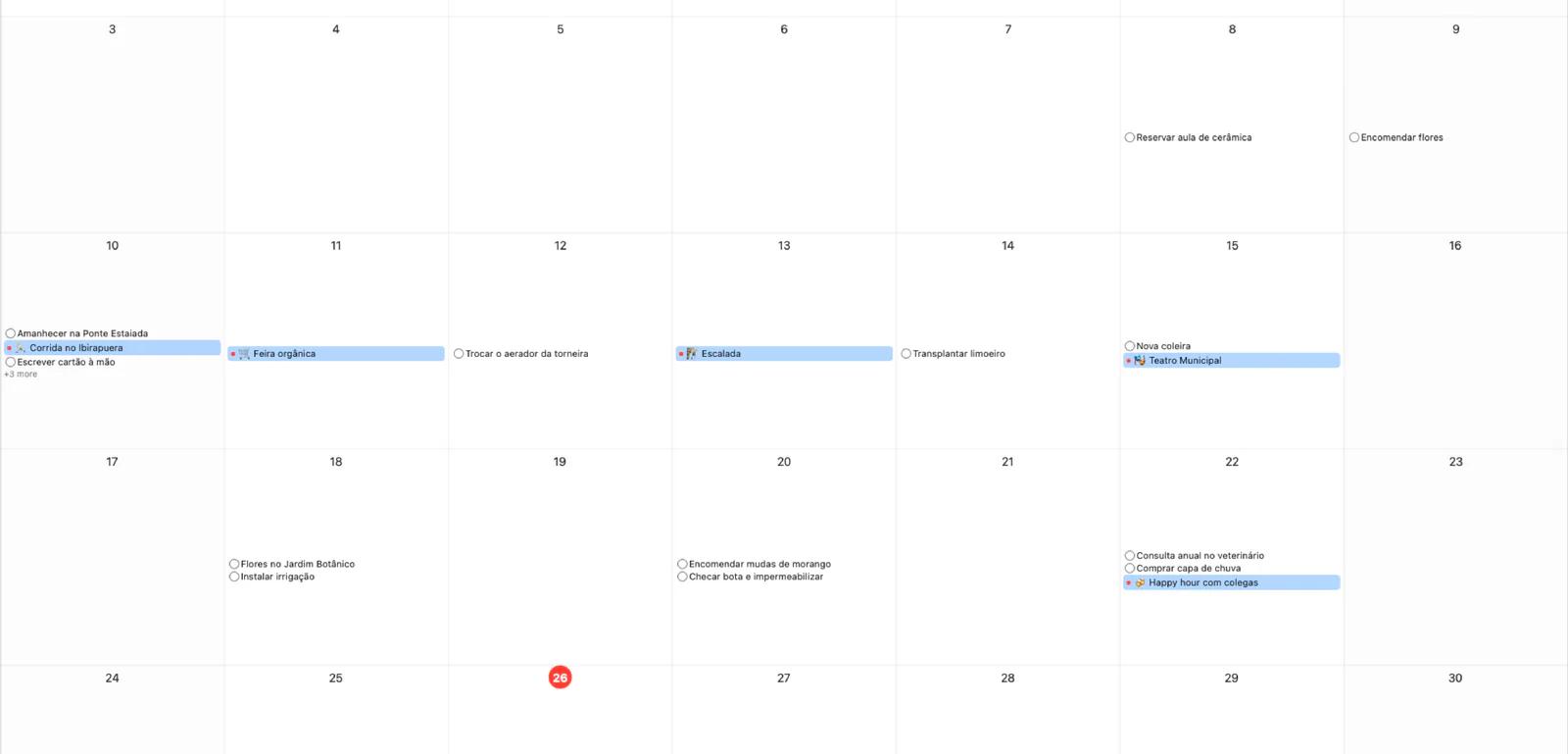 Calendário do Mintofu com vista mensal e indicadores de eventos
