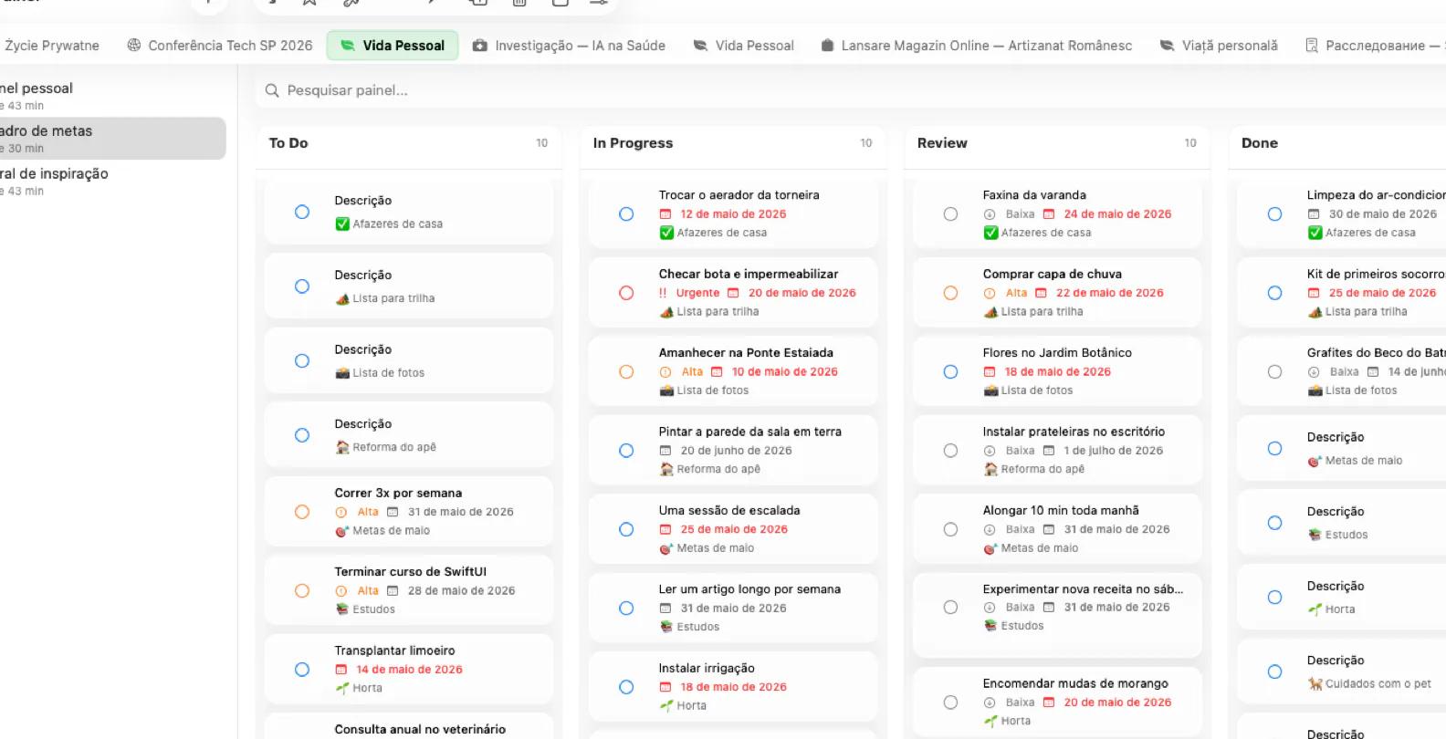Painel do Mintofu com quadro kanban e widgets