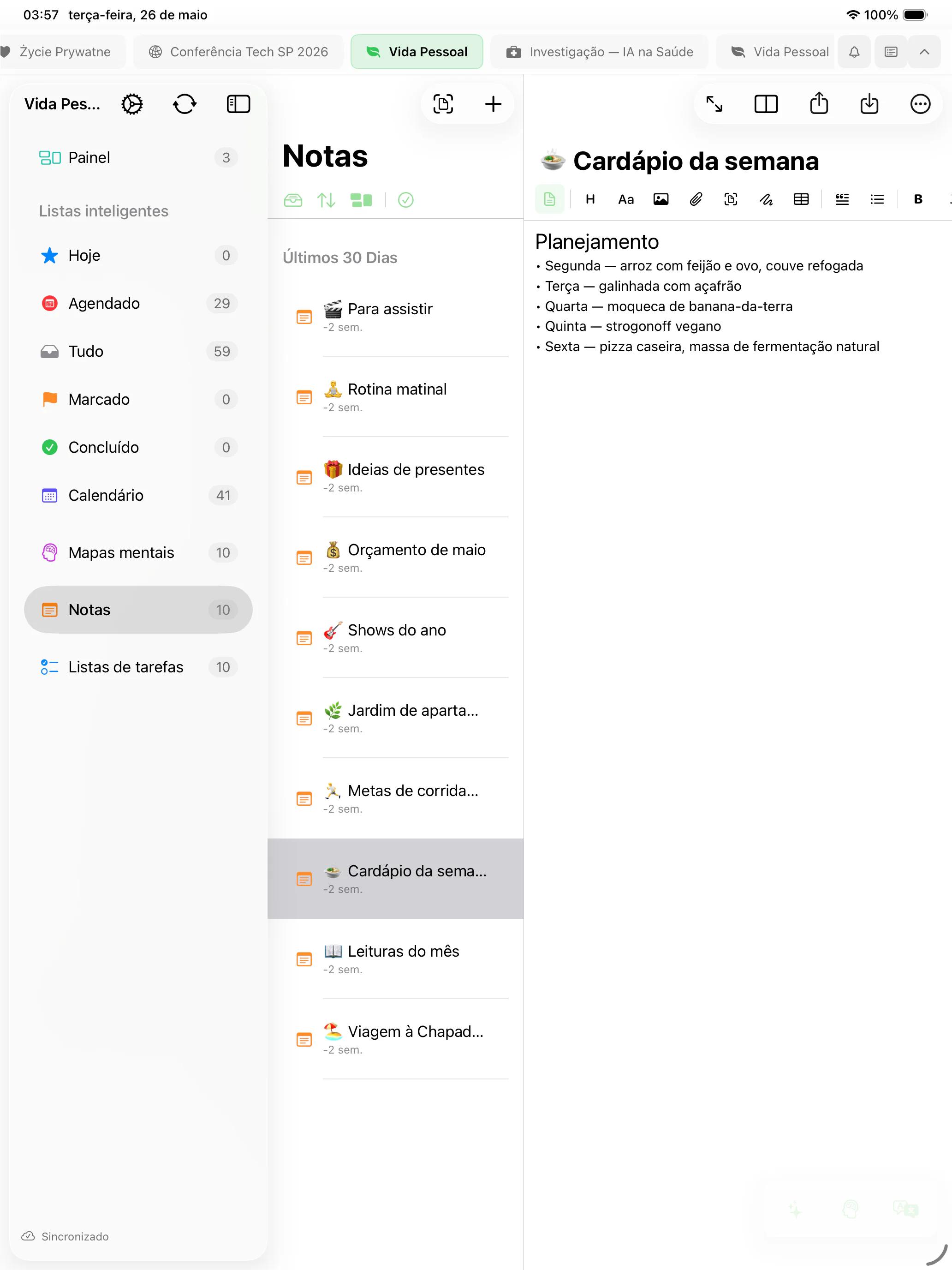 Mintofu a funcionar em Mac, iPad e iPhone — a mostrar o editor de notas, a tela de mapas mentais e a lista de tarefas com prioridades