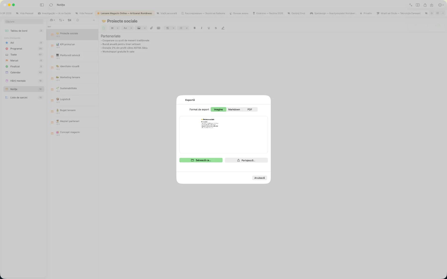 Dialog de export Mintofu afișând opțiunile de format PDF, Markdown, imagine și iCalendar