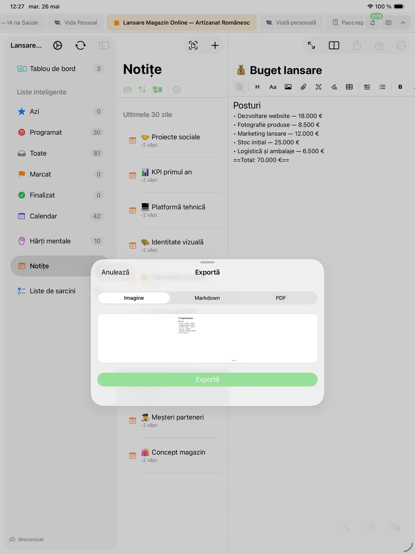 Previzualizare a exportului PDF Mintofu cu document formatat gata de partajat