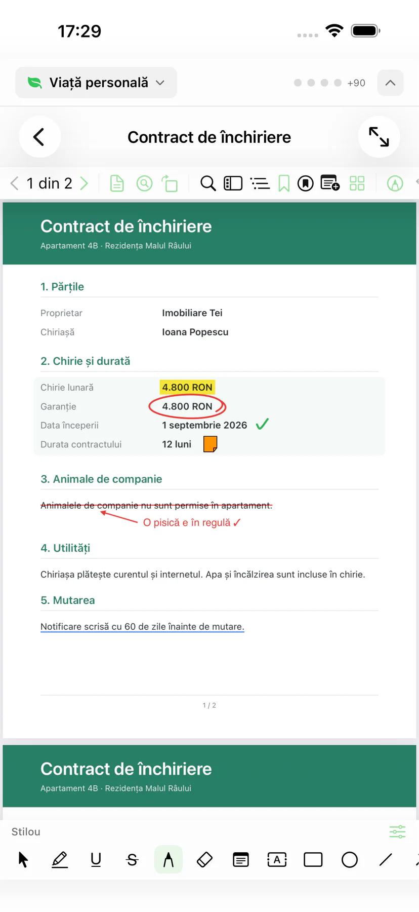 Mintofu pe iPhone afișând un PDF adnotat cu bara de instrumente de adnotare