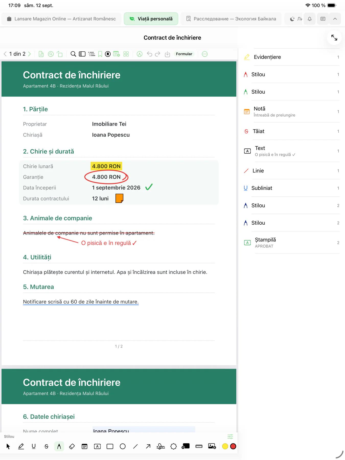 Mintofu pe iPad afișând un PDF cu un contract de închiriere adnotat cu o evidențiere, o sumă încercuită, un text tăiat cu o notă de mână și o notiță adezivă, cu lista adnotărilor alături