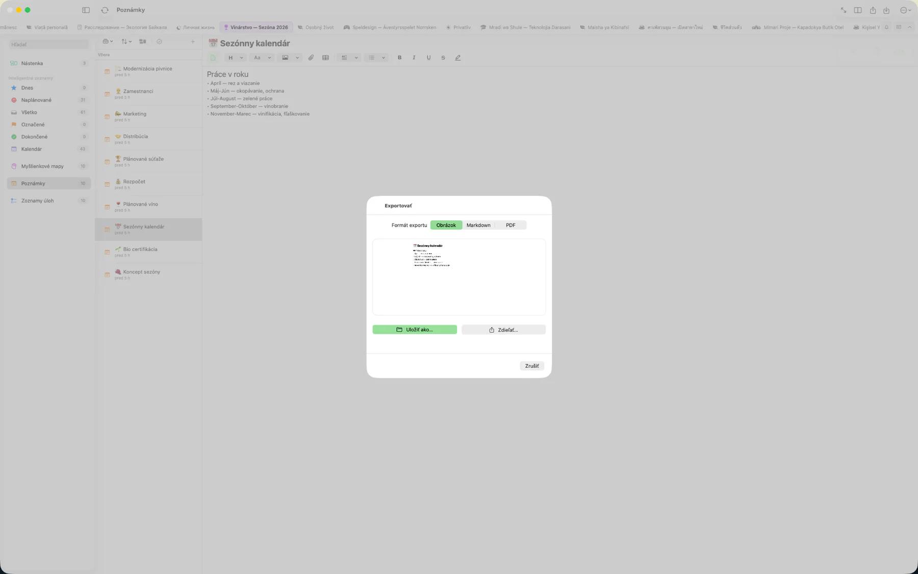 Dialóg exportu Mintofu zobrazujúci možnosti formátov PDF, Markdown, obrázok a iCalendar