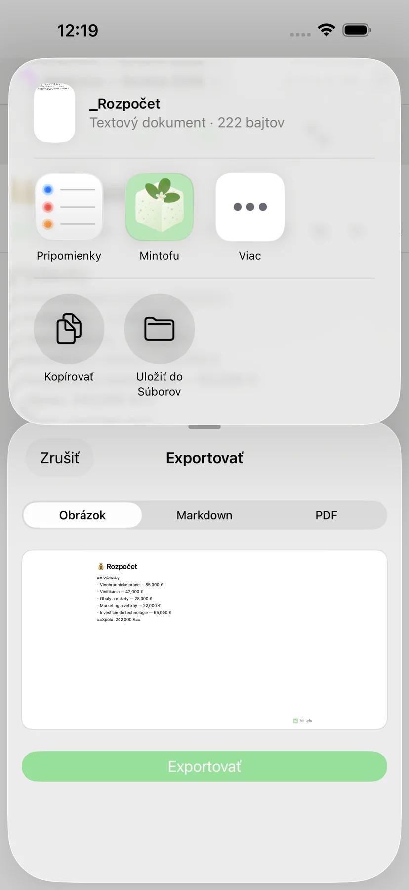 Hárok zdieľania Mintofu s možnosťami AirDrop, e-mail a Správy