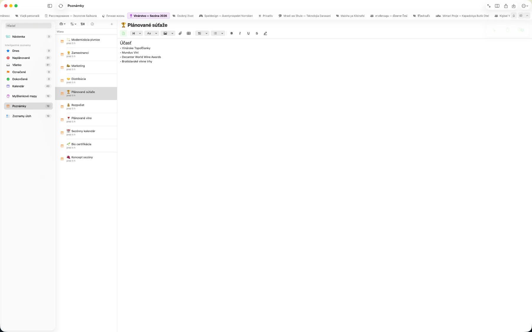 Editor poznámok Mintofu s bohatým formátovaním textu, nadpismi, tučným písmom a farebnými zvýrazneniami