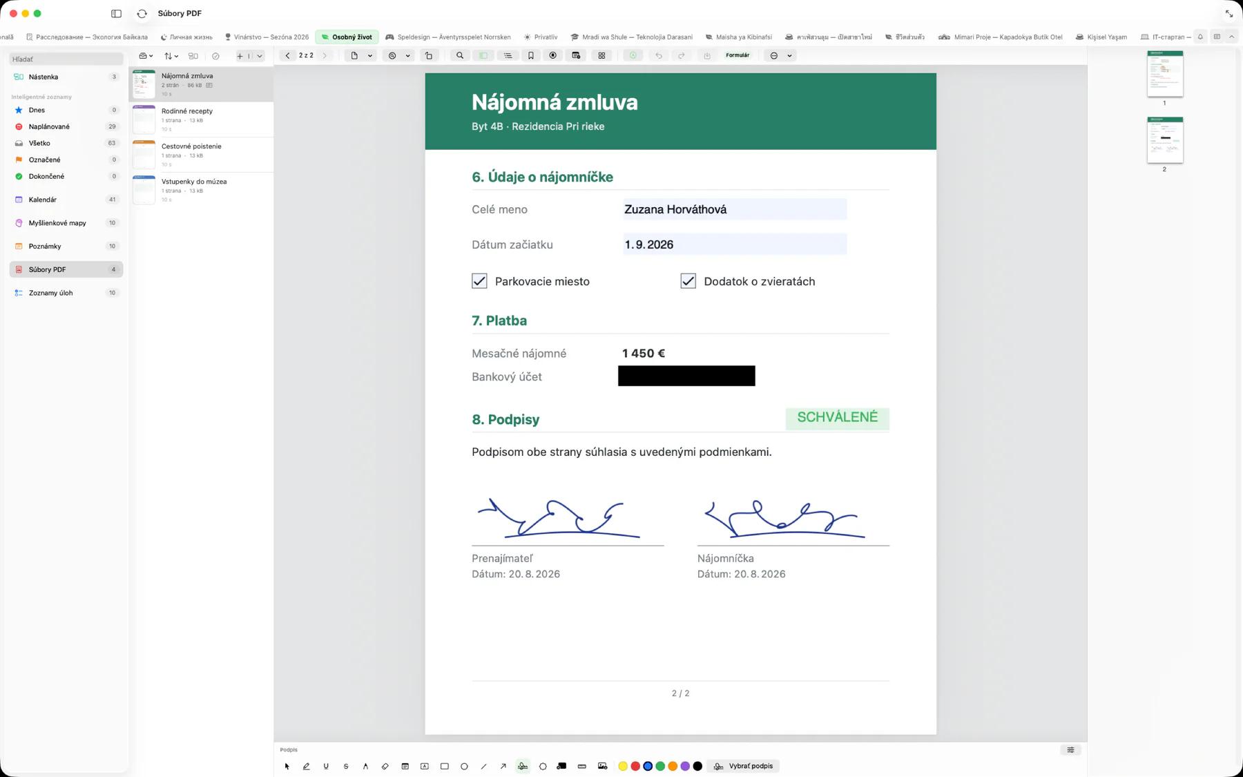Mintofu na Macu s vyplneným formulárom PDF so začiarknutými políčkami, začierneným bankovým účtom, pečiatkou Schválené a dvoma podpismi