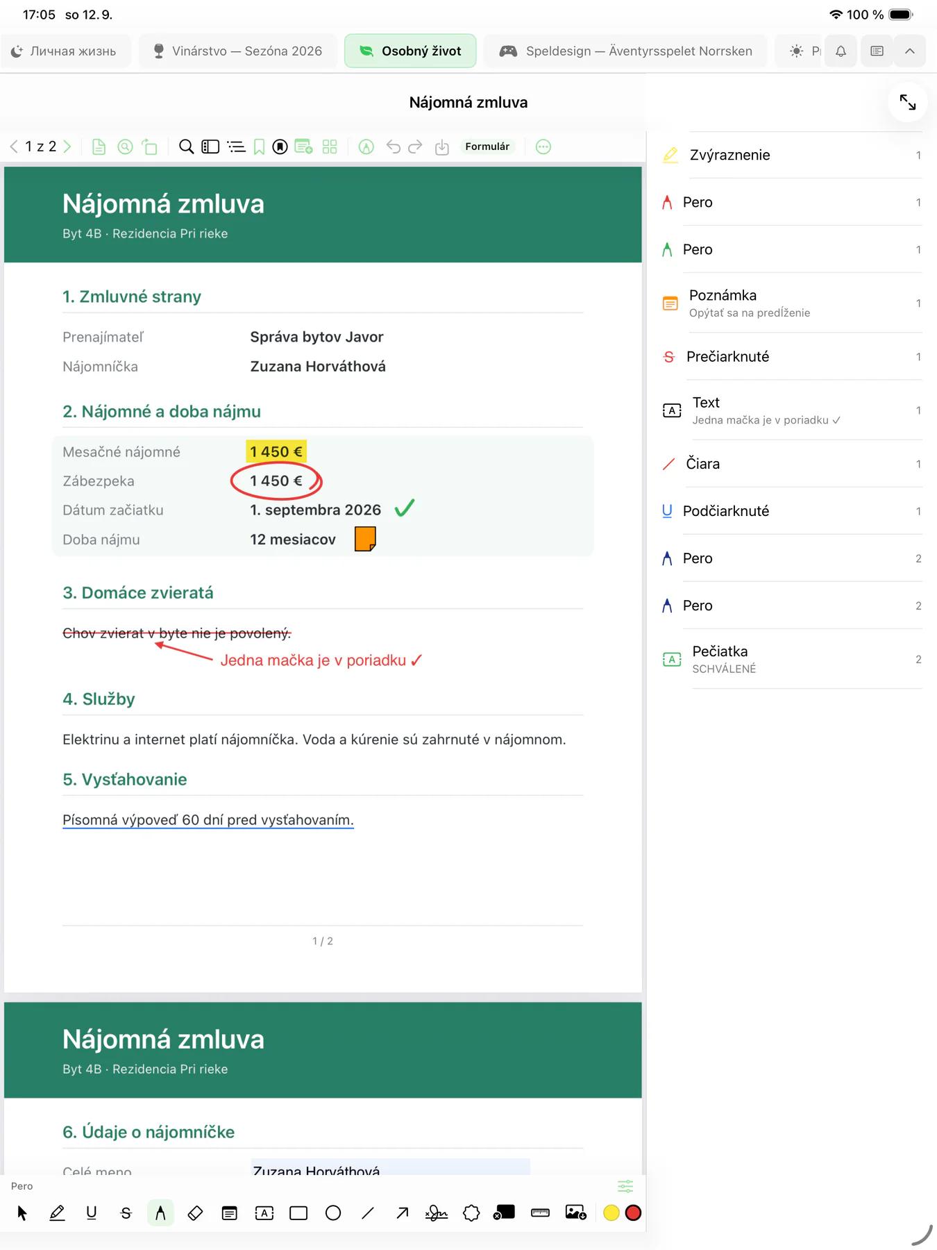 Mintofu na iPade s PDF nájomnej zmluvy so zvýraznením, zakrúžkovanou sumou, prečiarknutím s poznámkou perom a lepiacou poznámkou, vedľa zoznam anotácií