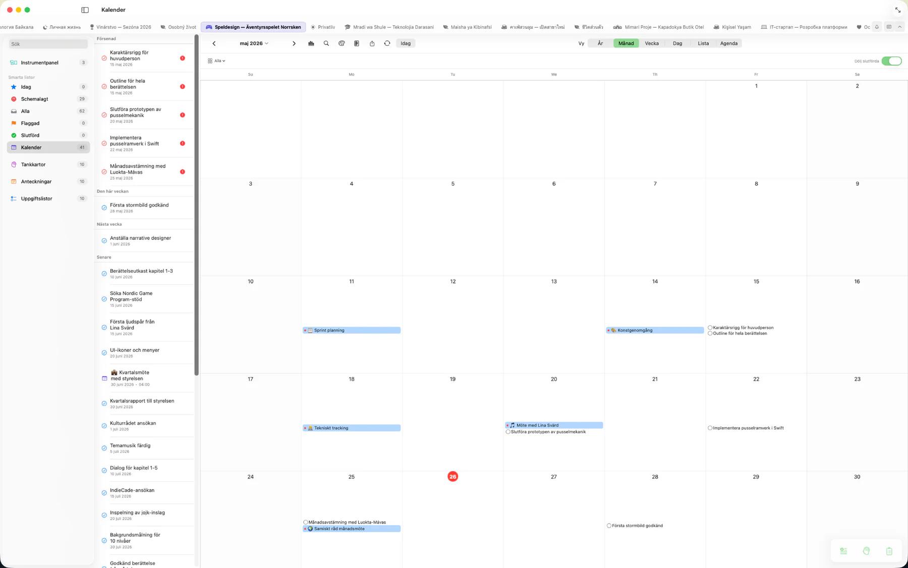 Mintofu kalender månadsvy med uppgifts- och händelseindikatorer