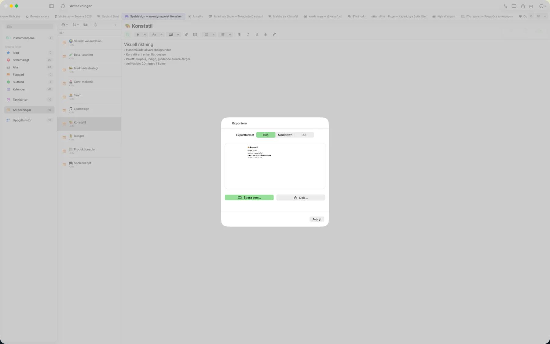 Mintofu exportdialog som visar PDF-, Markdown-, Bild- och iCalendar-formatalternativ