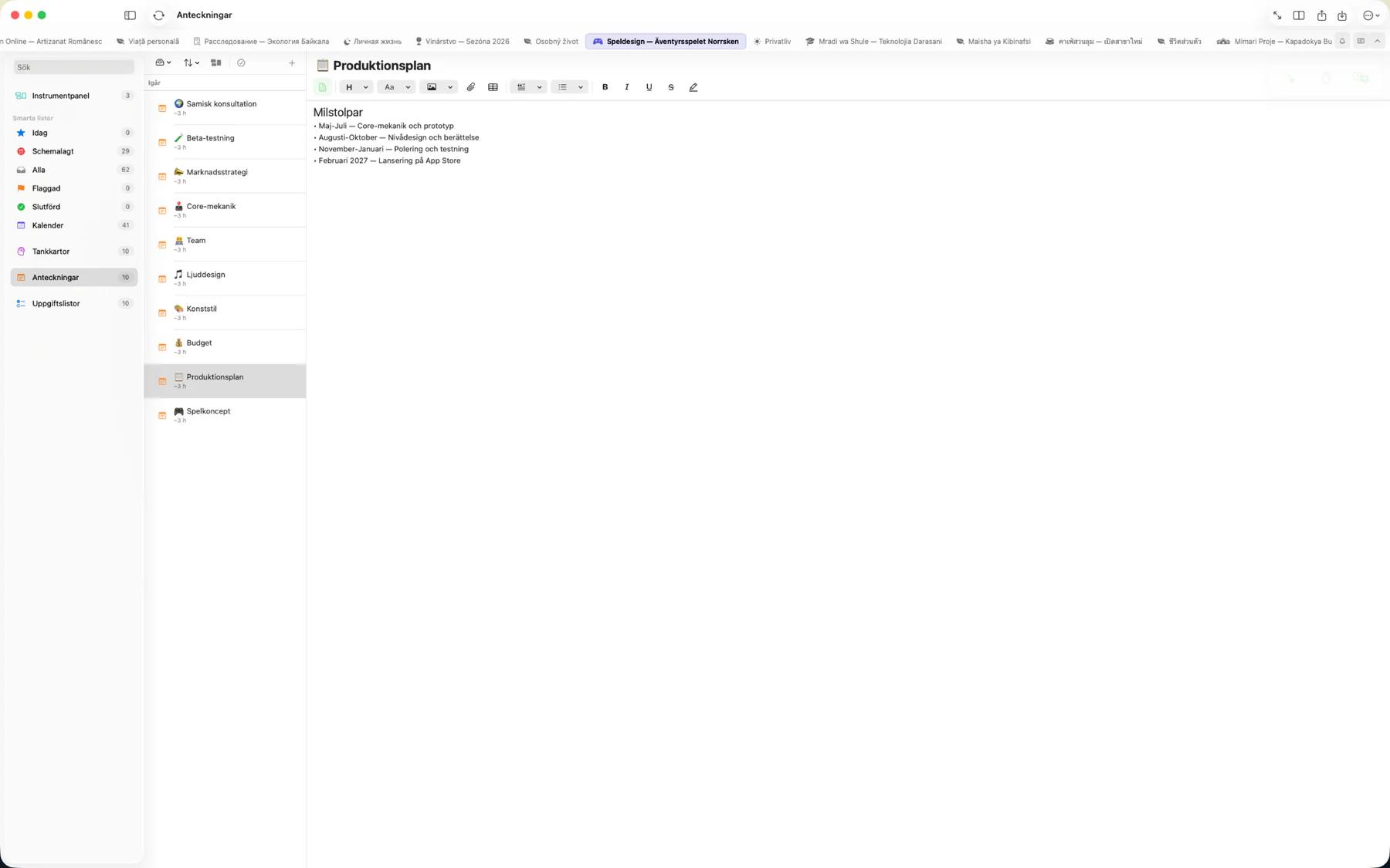 Mintofu anteckningsredigerare som visar rik textformatering med rubriker, fetstil och färgmarkeringar