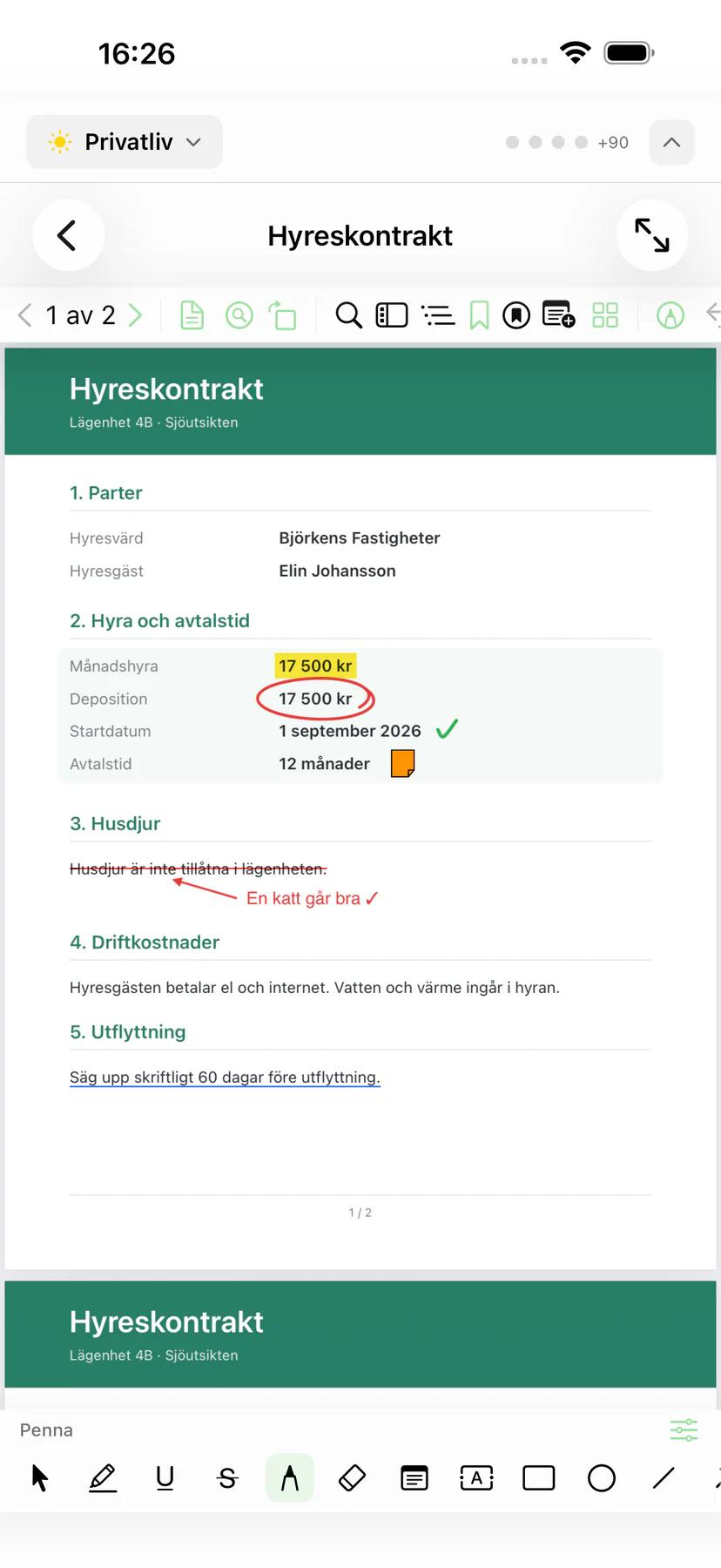 Mintofu på iPhone som visar en uppmärkt PDF med verktygsfältet för uppmärkning
