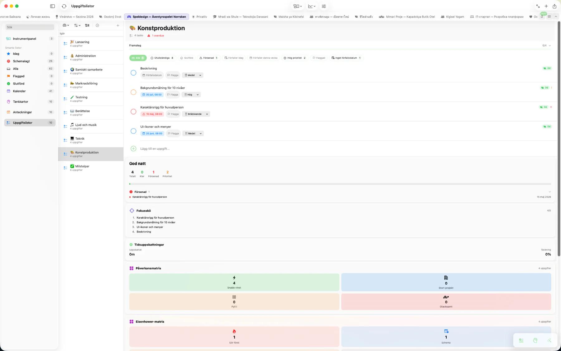 Mintofu uppgiftsdetaljer som visar prioritet, deadline, deluppgifter och timer
