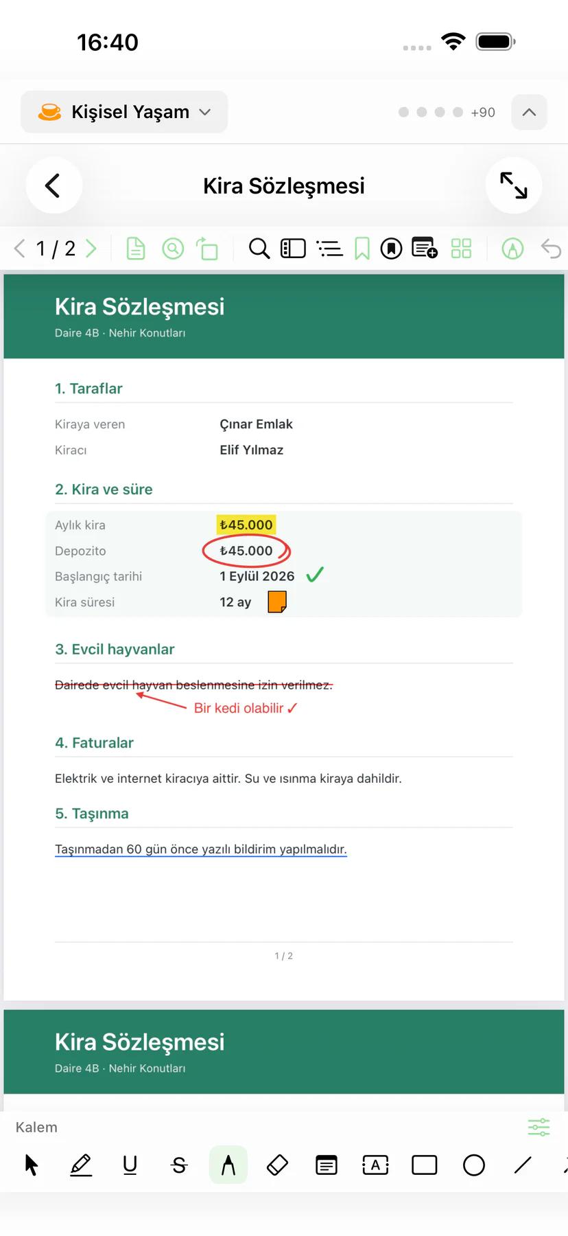 iPhone'da Mintofu: açıklama araç çubuğuyla birlikte işaretlenmiş bir PDF