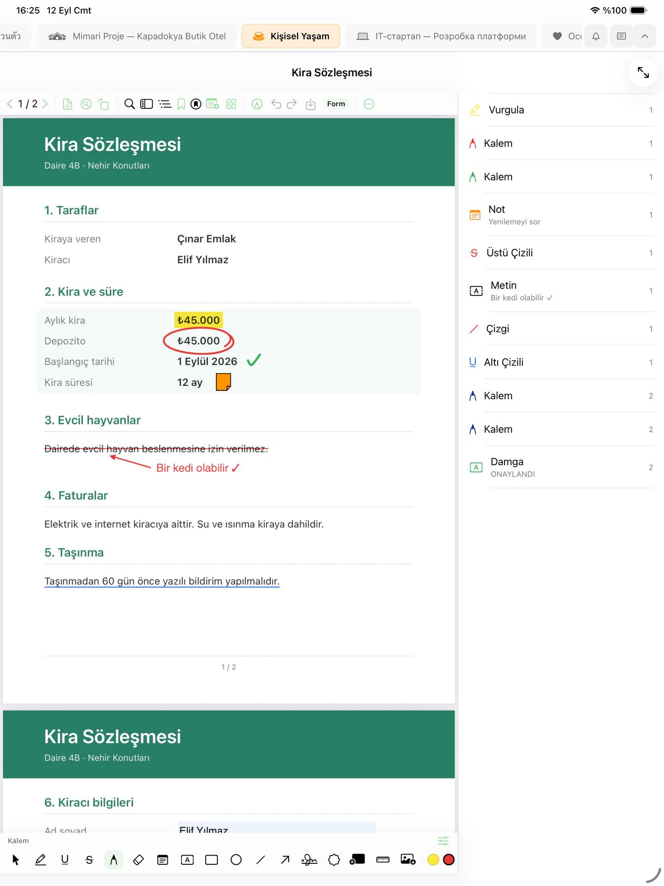 iPad'de Mintofu: vurgu, daire içine alınmış bir tutar, kalem notlu üstü çizili bir ifade ve bir yapışkan notla işaretlenmiş kira sözleşmesi PDF'si, yanında açıklamalar listesi