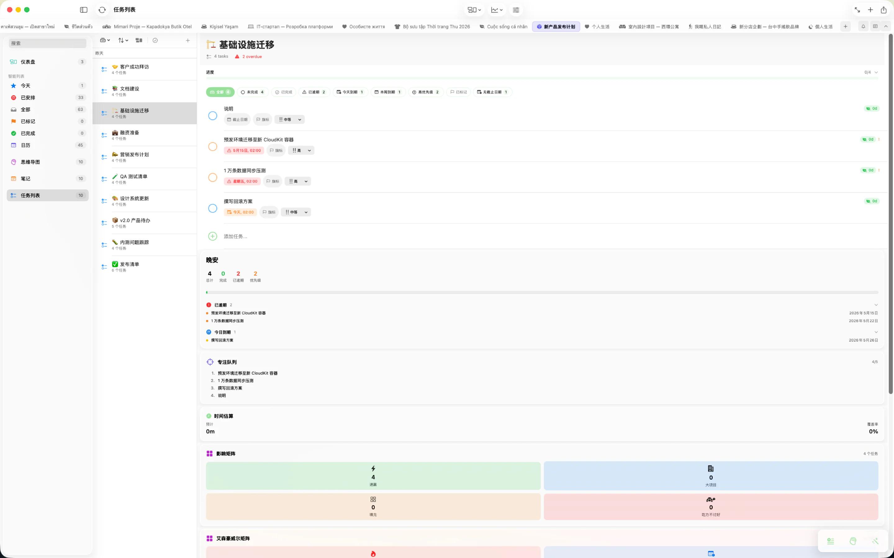 Mintofu 在 Mac、iPad 和 iPhone 上运行——展示笔记编辑器、思维导图画布以及带优先级的任务列表