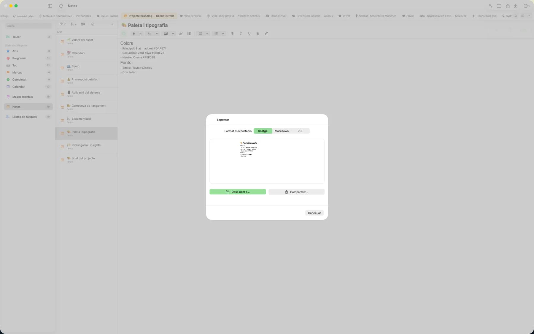 Diàleg d'exportació de Mintofu mostrant les opcions de format PDF, Markdown, imatge i iCalendar