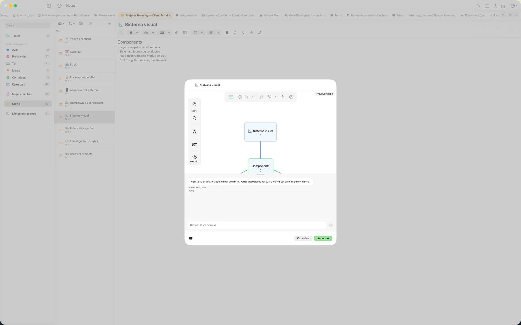 Mintofu convertint un mapa mental en una llista de tasques estructurada de costat