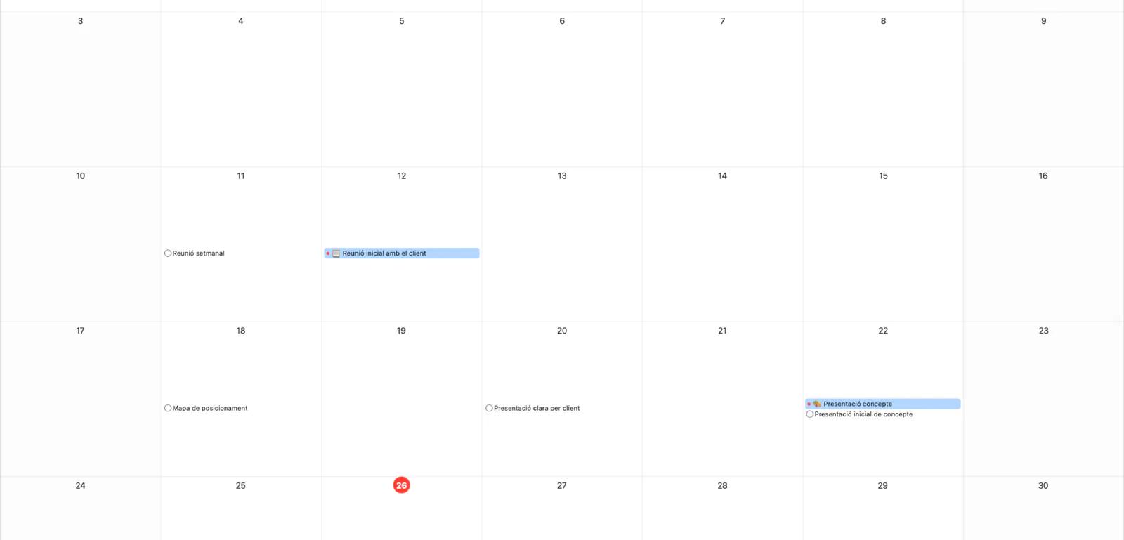 Calendari de Mintofu amb vista mensual i indicadors d'esdeveniments