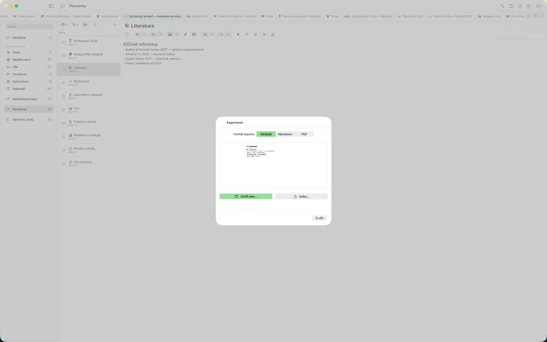 Dialog exportu Mintofu zobrazující možnosti formátů PDF, Markdown, obrázek a iCalendar