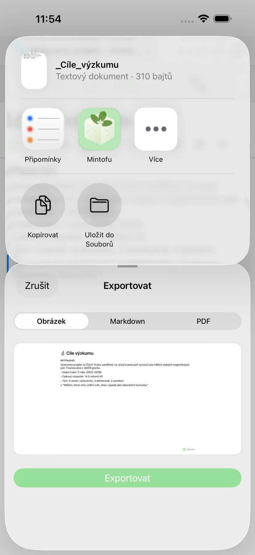 List sdílení Mintofu s možnostmi AirDrop, e-mail a Zprávy