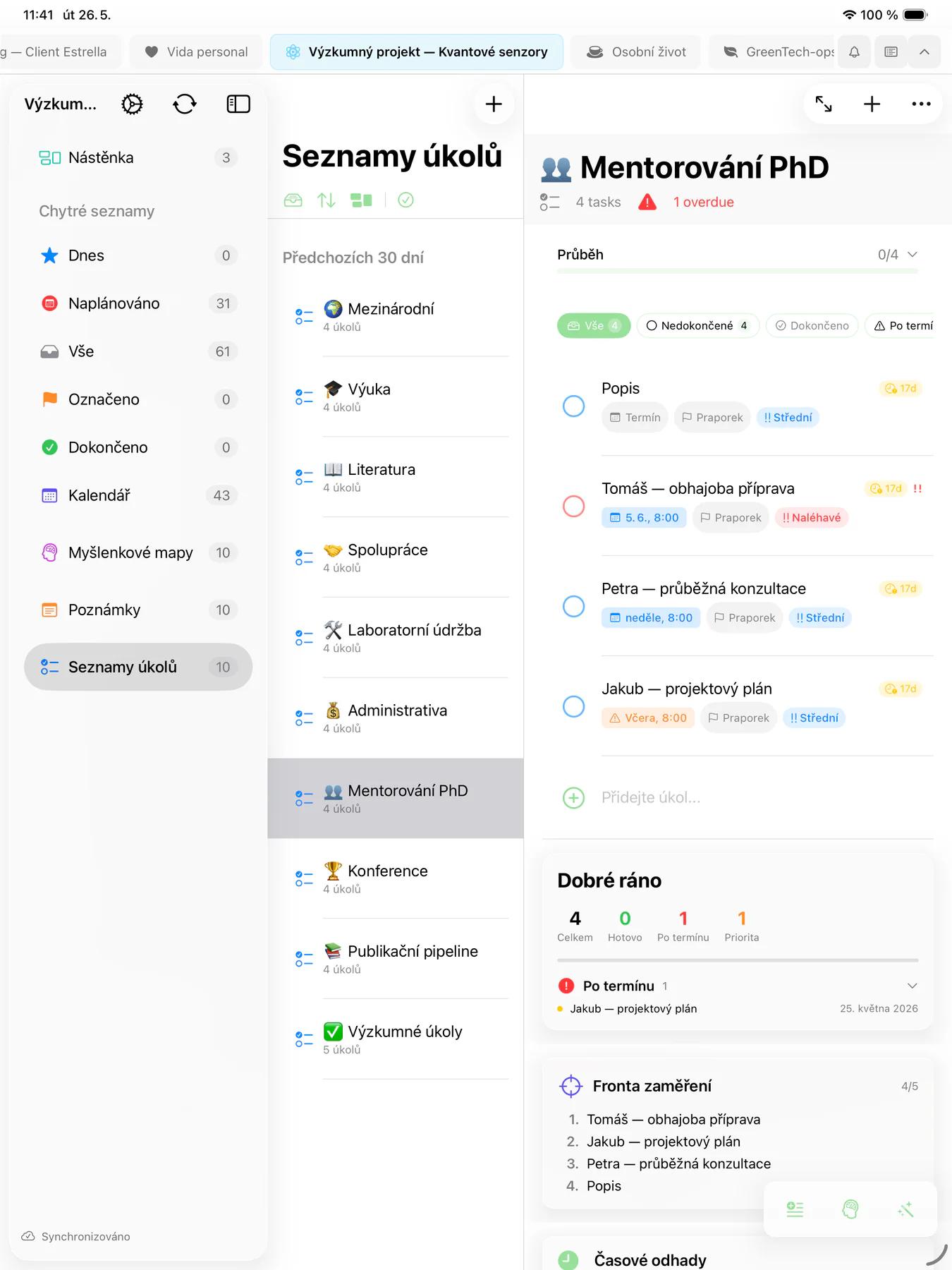 Smart Lists Mintofu s vlastními pravidly filtrování a kanálem aktivit