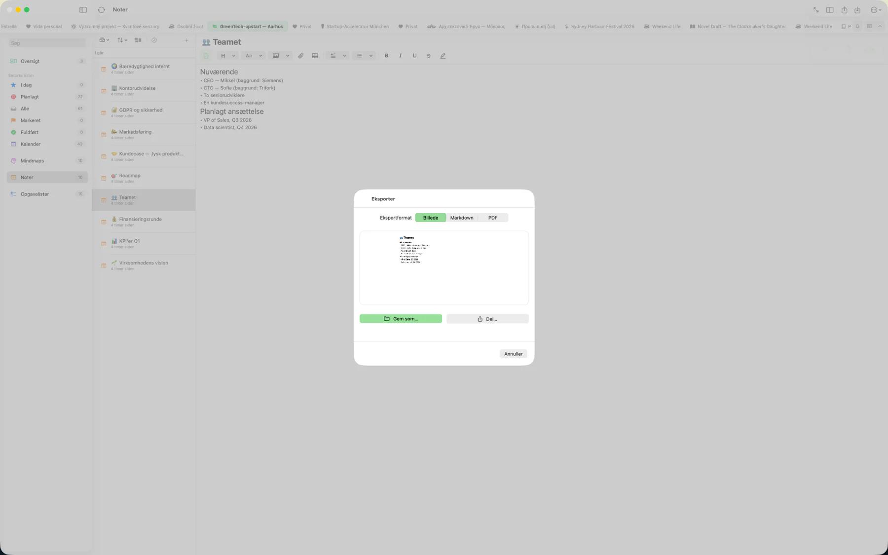 Mintofu eksportdialog der viser PDF-, Markdown-, Billede- og iCalendar-formatmuligheder