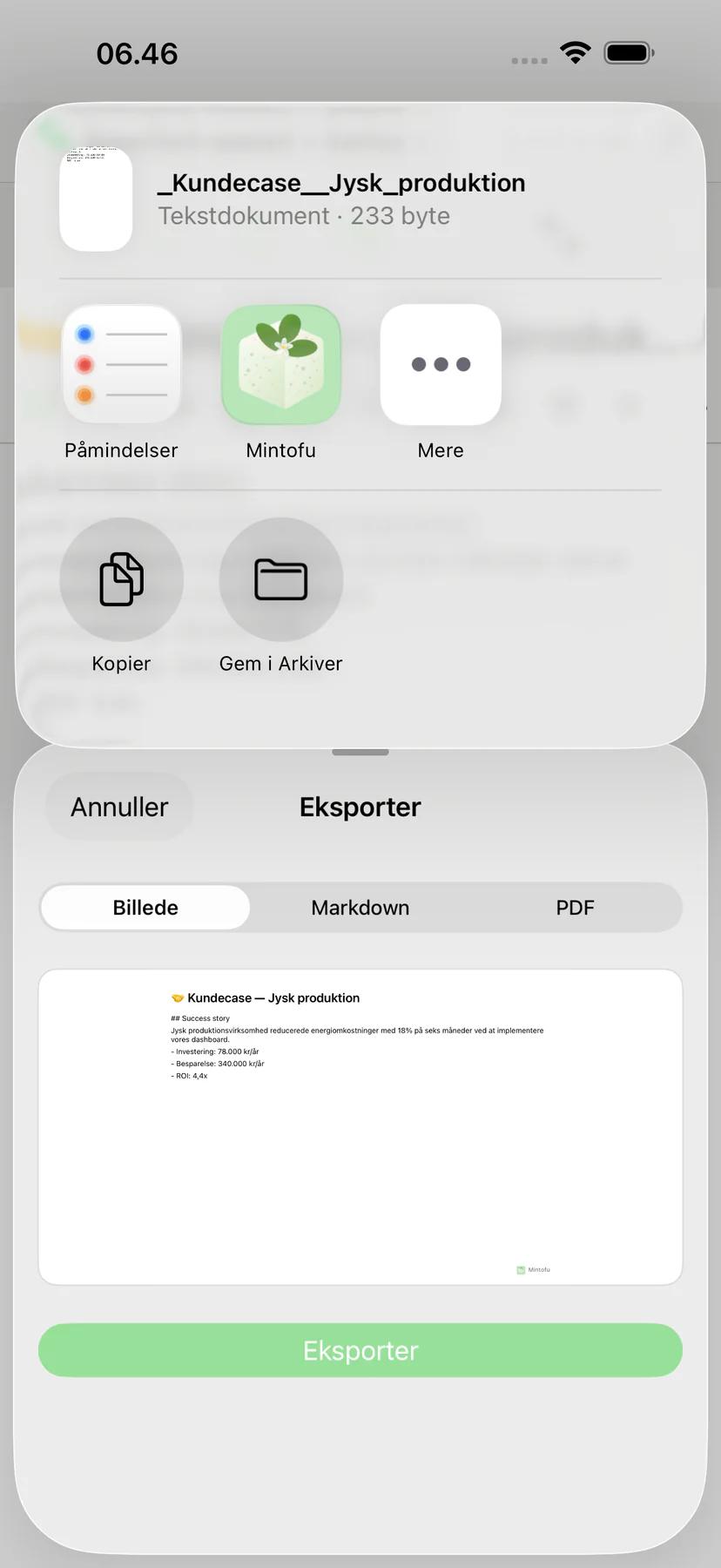 Mintofu delingsmenu med AirDrop-, e-mail- og Beskeder-delingsmuligheder