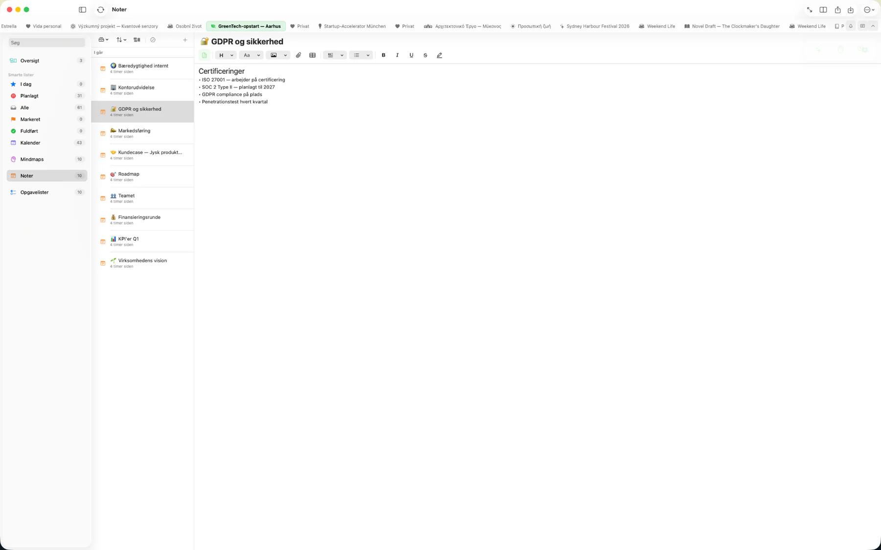 Mintofu note-editor, der viser rig tekstformatering med overskrifter, fed og farvefremhævninger