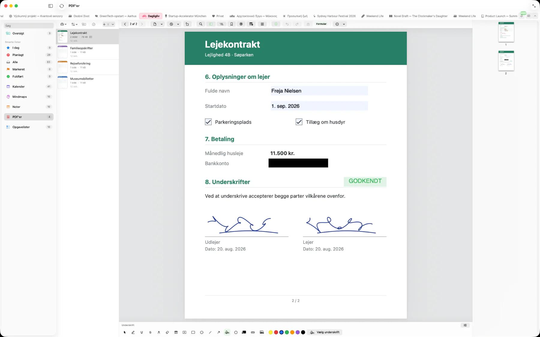 Mintofu på Mac med en udfyldt PDF-formular med afkrydsede felter, en sværtet bankkonto, et Godkendt-stempel og to underskrifter