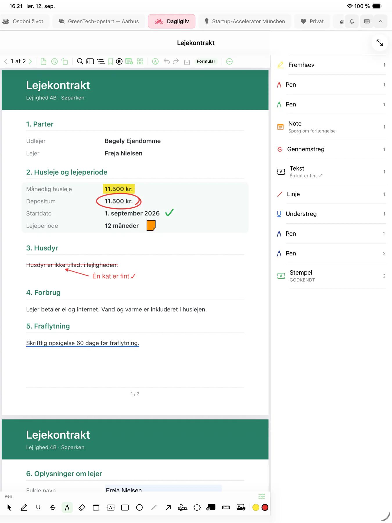 Mintofu på iPad med en lejekontrakt i PDF markeret med en fremhævning, et beløb sat i ring, en gennemstregning med en pennenote og en huskeseddel, med listen over annoteringer ved siden af
