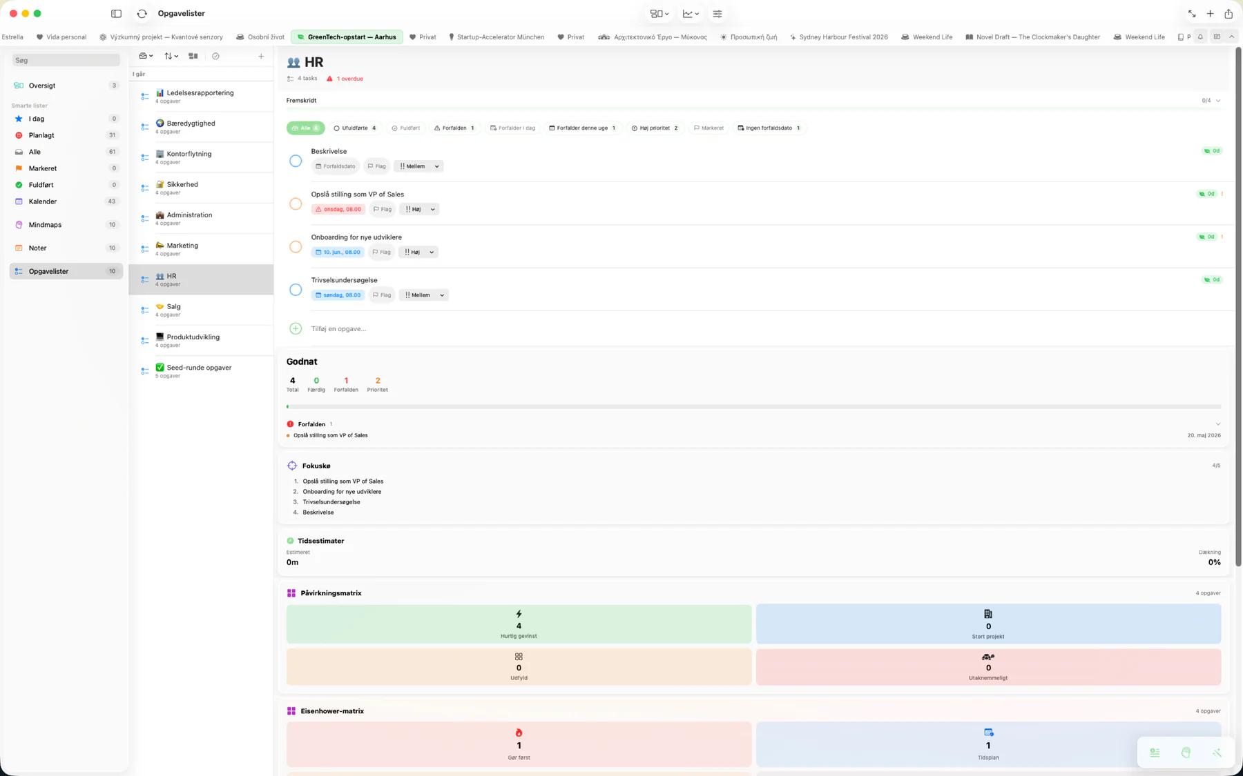 Mintofu opgavedetaljer med prioritet, deadline, underopgaver og timer