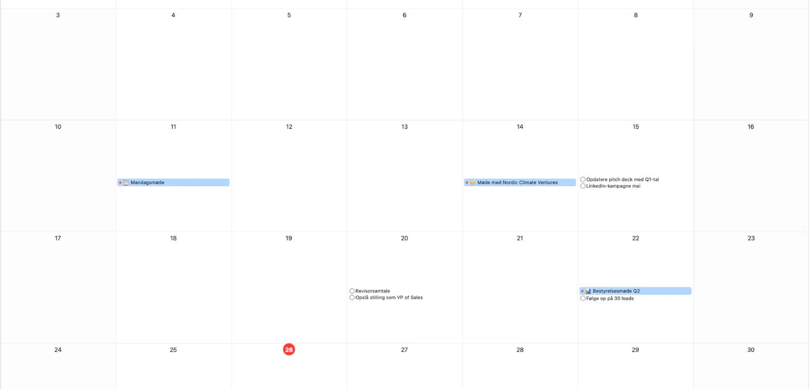 Mintofu-kalender med månedsvisning og begivenhedsindikatorer