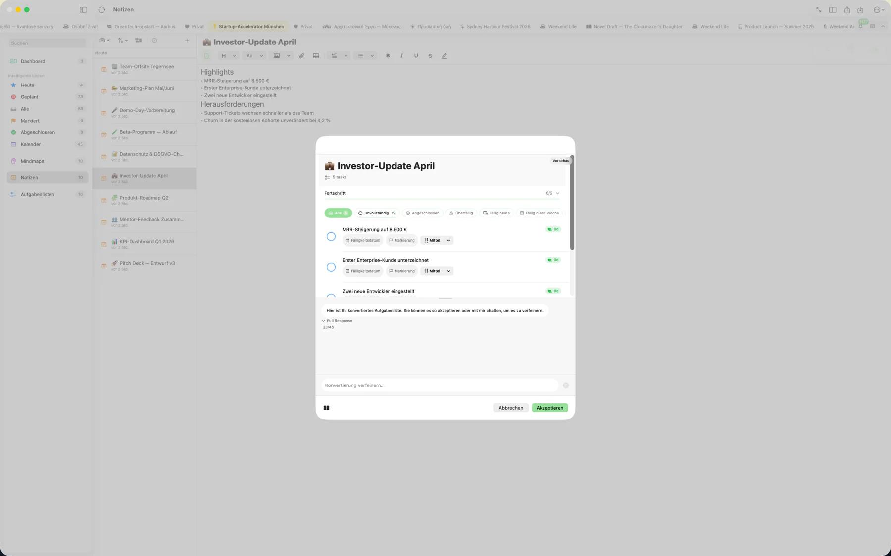 Mintofu wandelt eine Notiz in eine strukturierte Aufgabenliste um