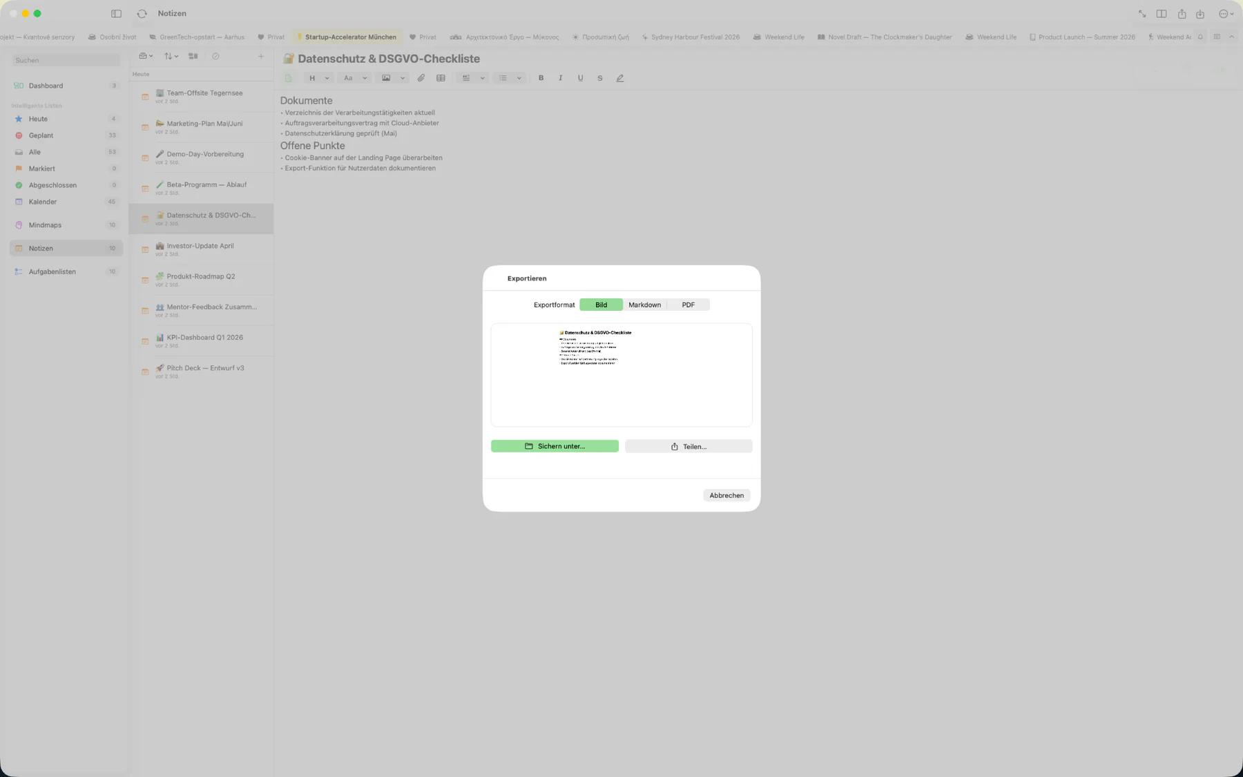 Mintofu-Exportdialog mit den Formatoptionen PDF, Markdown, Bild und iCalendar