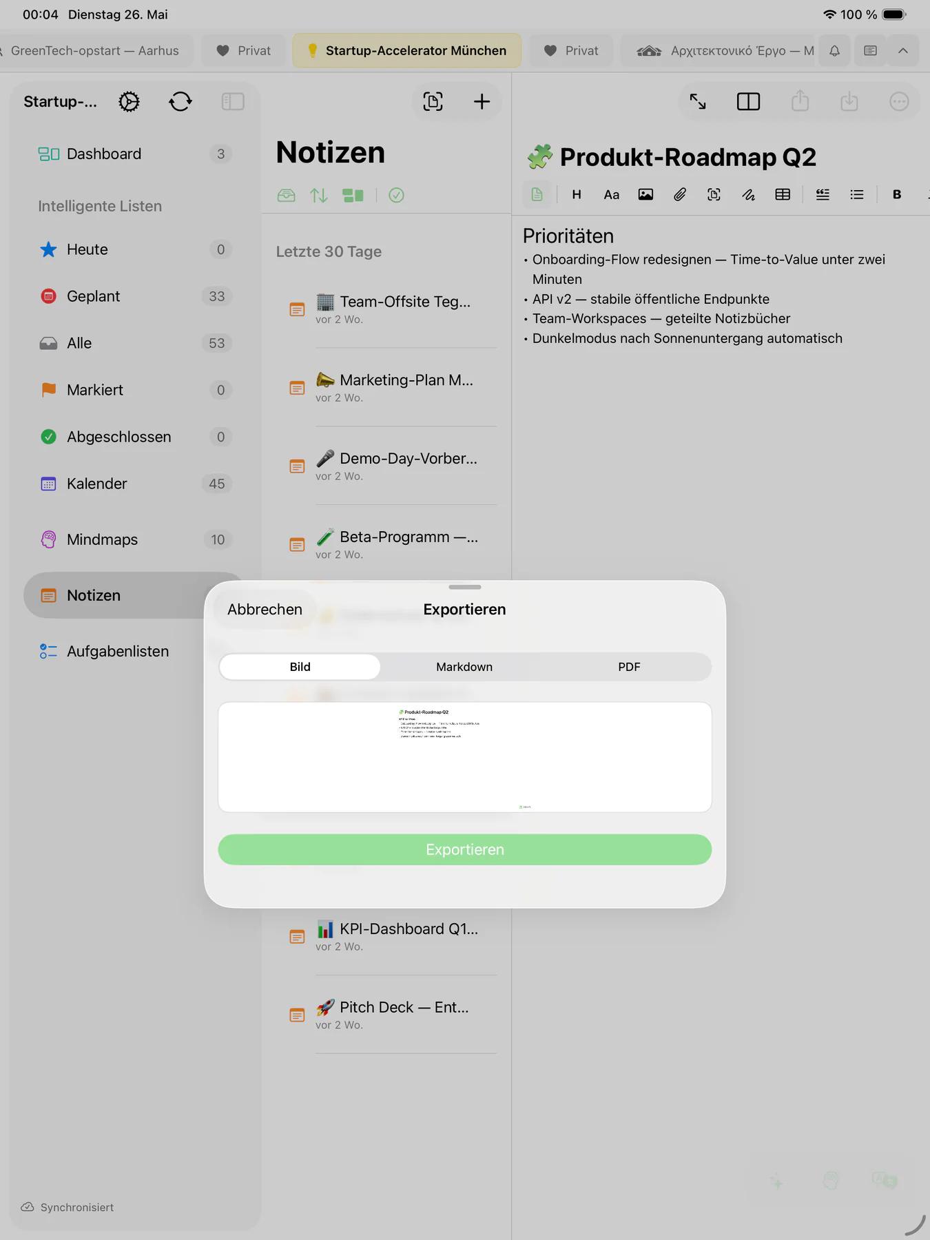 Mintofu-PDF-Exportvorschau mit formatiertem Dokument, bereit zum Teilen