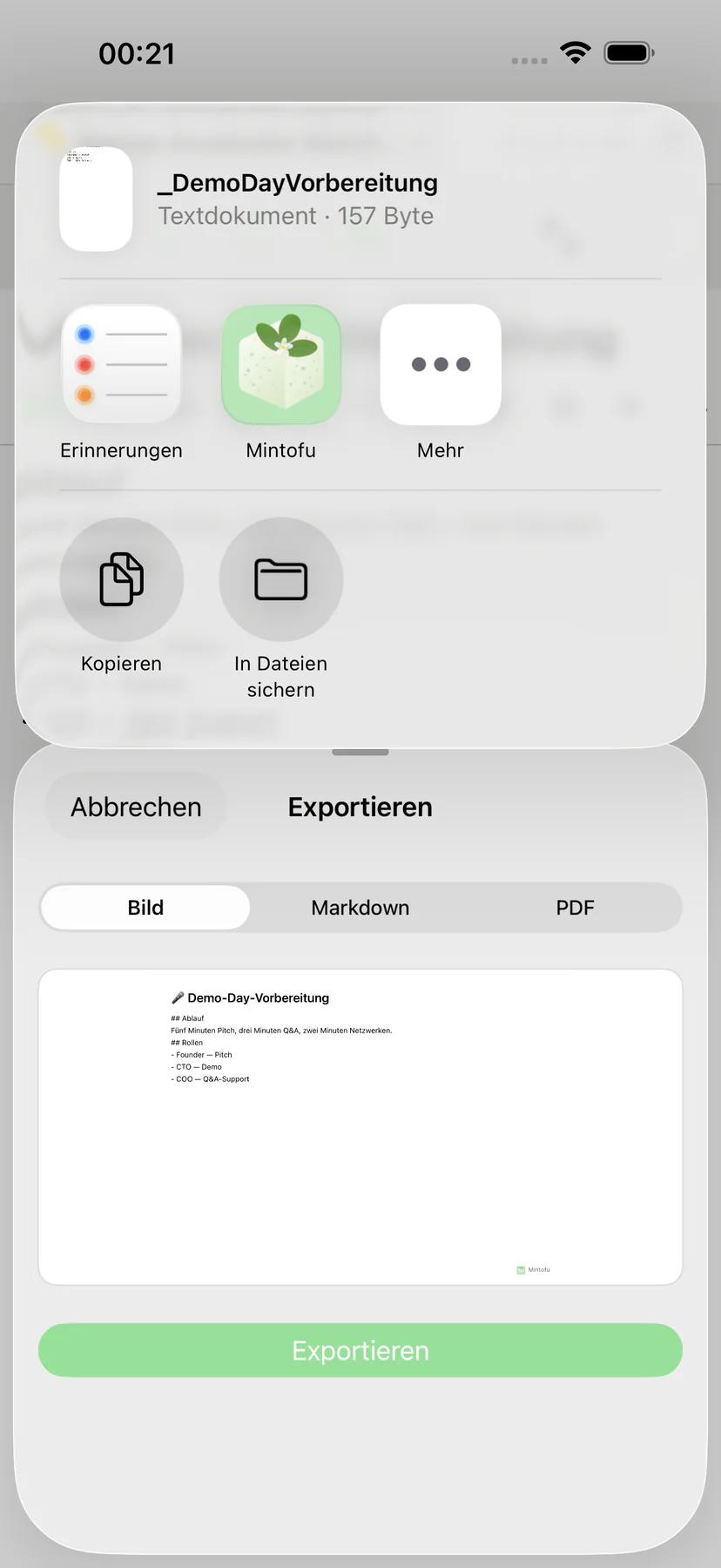 Mintofu-Teilen-Sheet mit AirDrop-, E-Mail- und Nachrichten-Freigabeoptionen