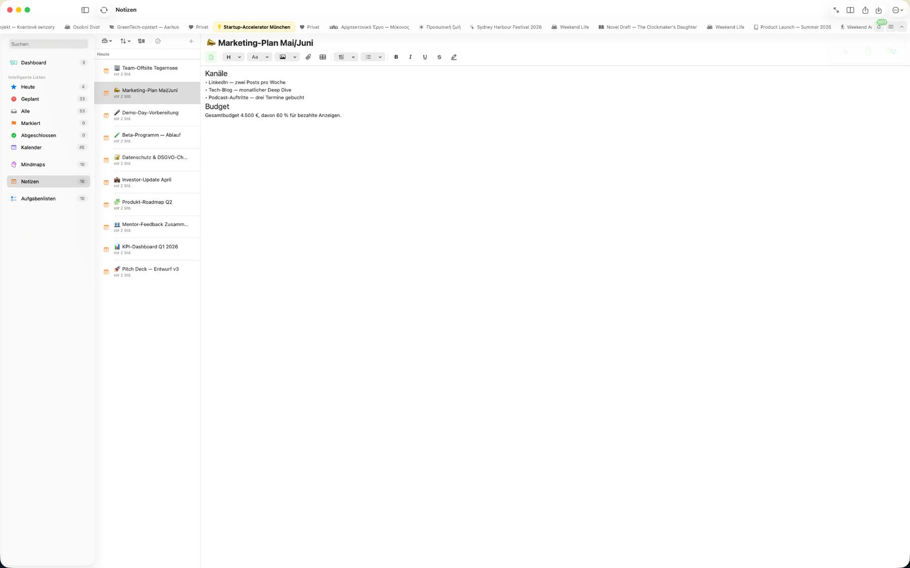 Mintofu-Notizeditor mit umfangreicher Textformatierung mit Überschriften, Fett und Farbhervorhebungen