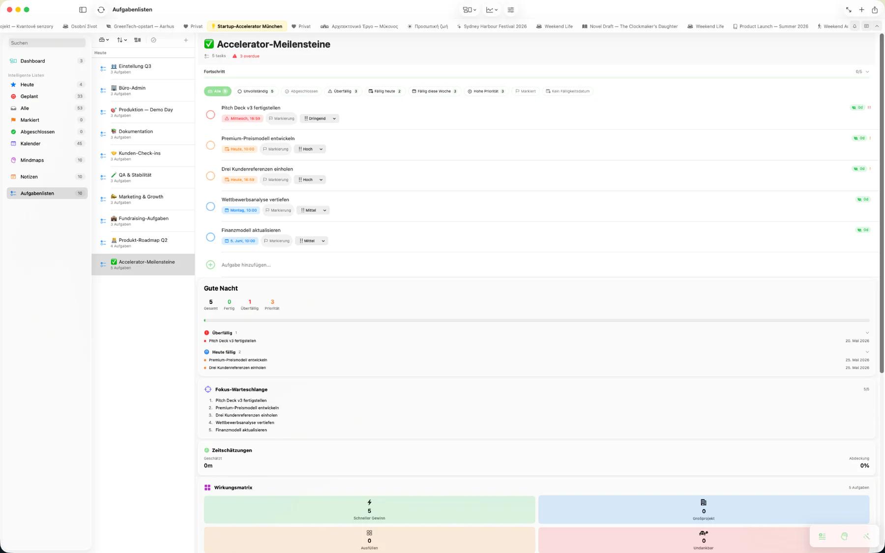 Mintofu-Aufgabendetailansicht mit Priorität, Fälligkeitsdatum, Unteraufgaben und Timer