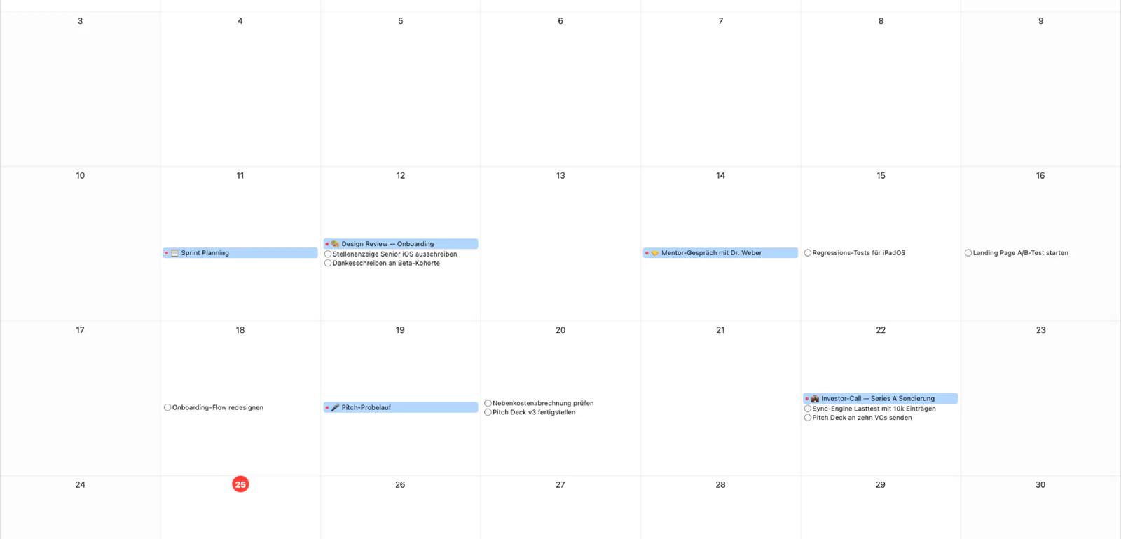 Mintofu-Kalender in Monatsansicht mit Terminmarkierungen