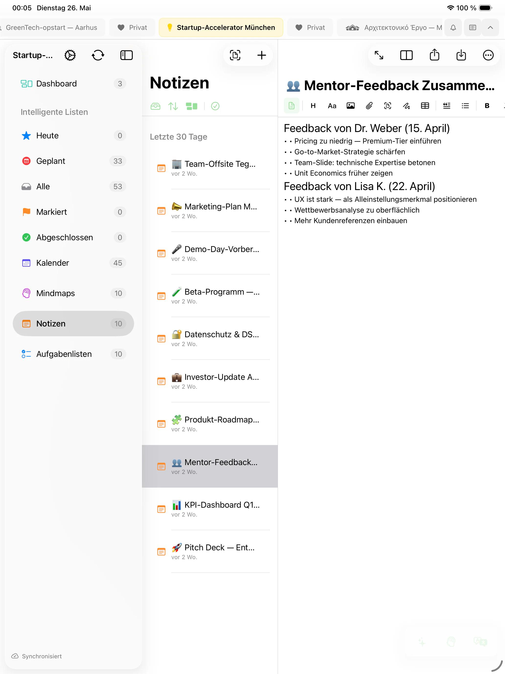 Mintofu auf Mac, iPad und iPhone — zeigt den Notizeditor, die Mindmap-Leinwand und die Aufgabenliste mit Prioritäten