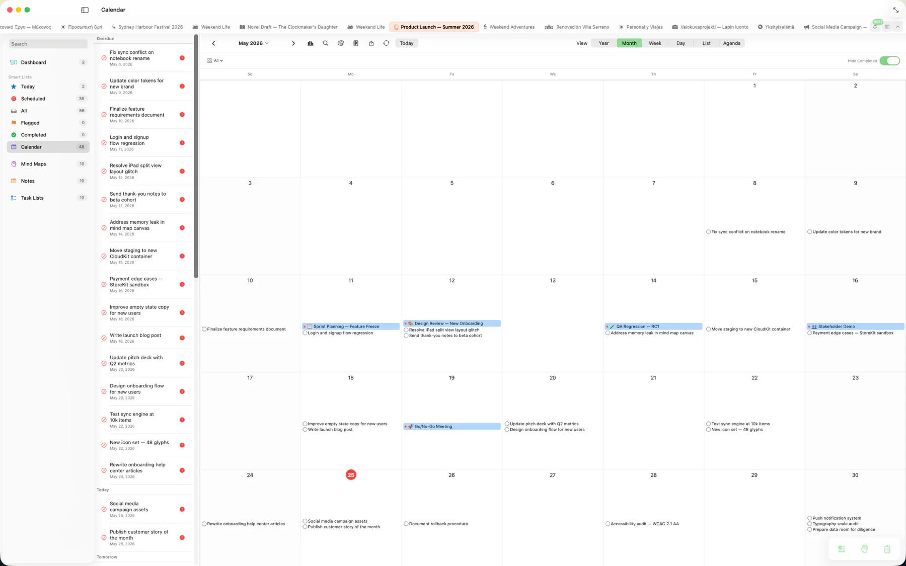 Mintofu calendar monthly view with task and event indicators