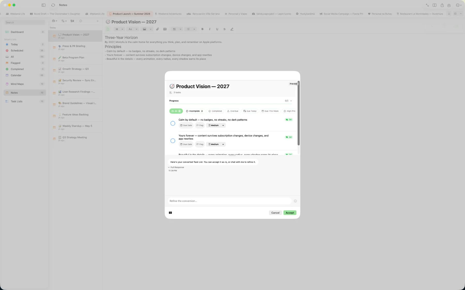 Mintofu converting a note into a structured task list