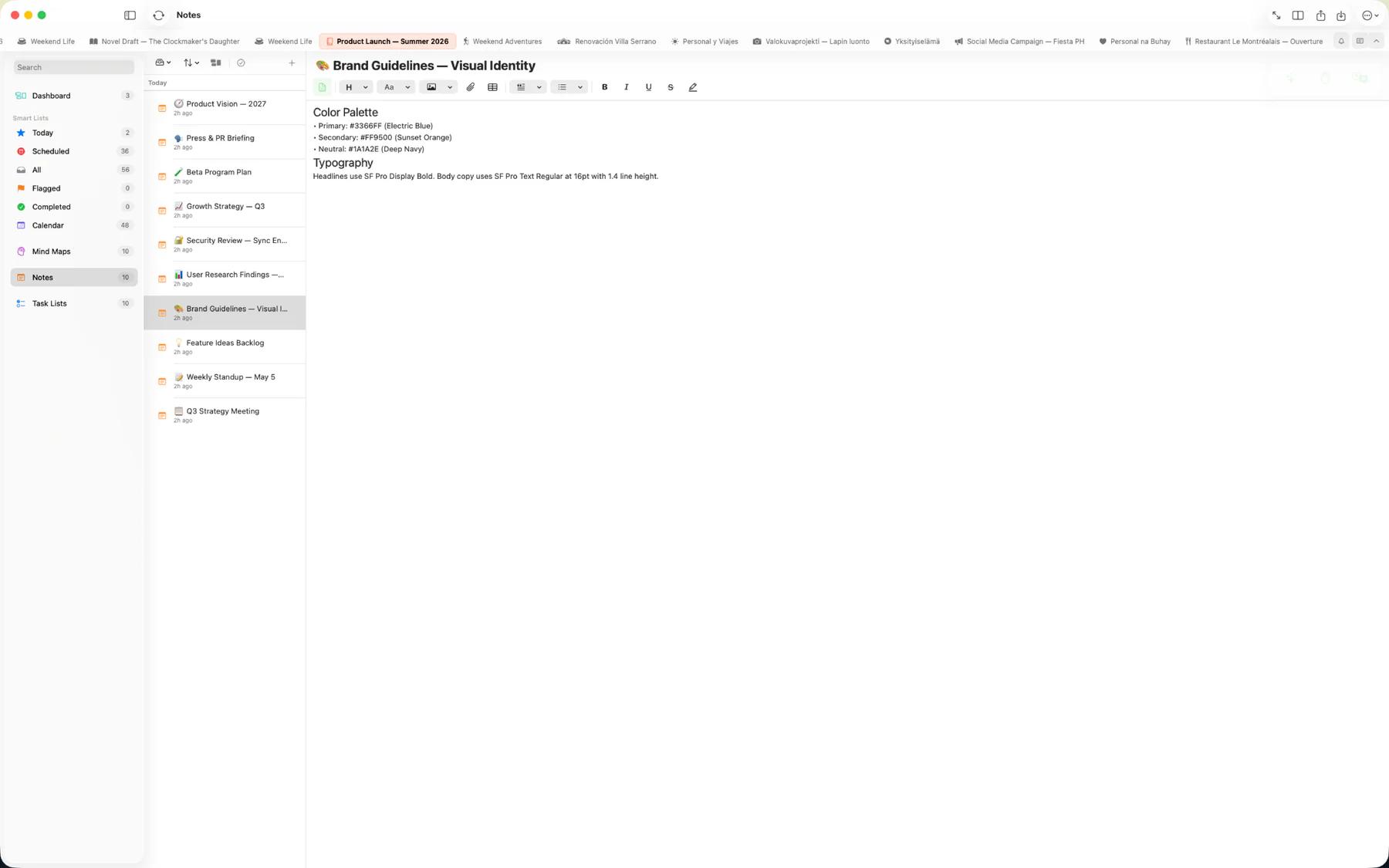 Mintofu note editor showing rich text formatting with headings, bold, and color highlights