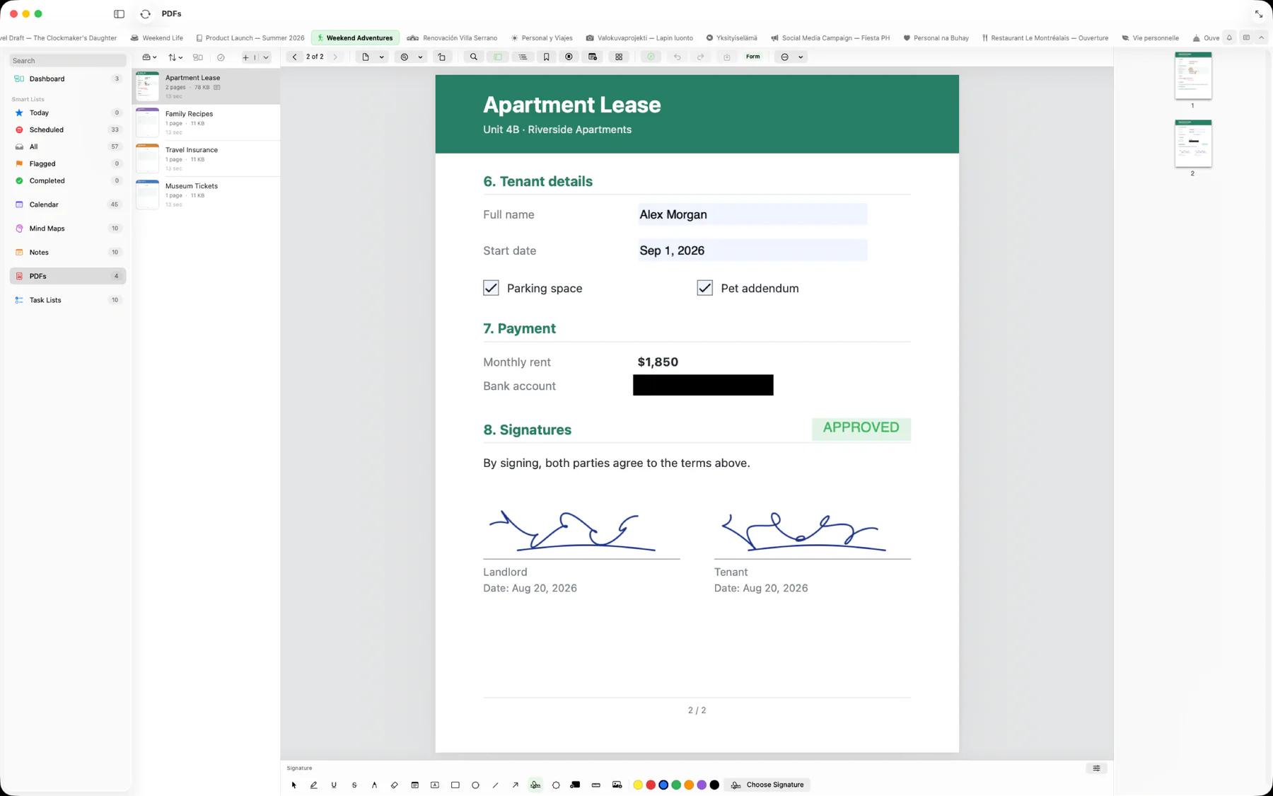 Mintofu on Mac showing a filled-in PDF form with checked boxes, a redacted bank account, an Approved stamp, and two signatures