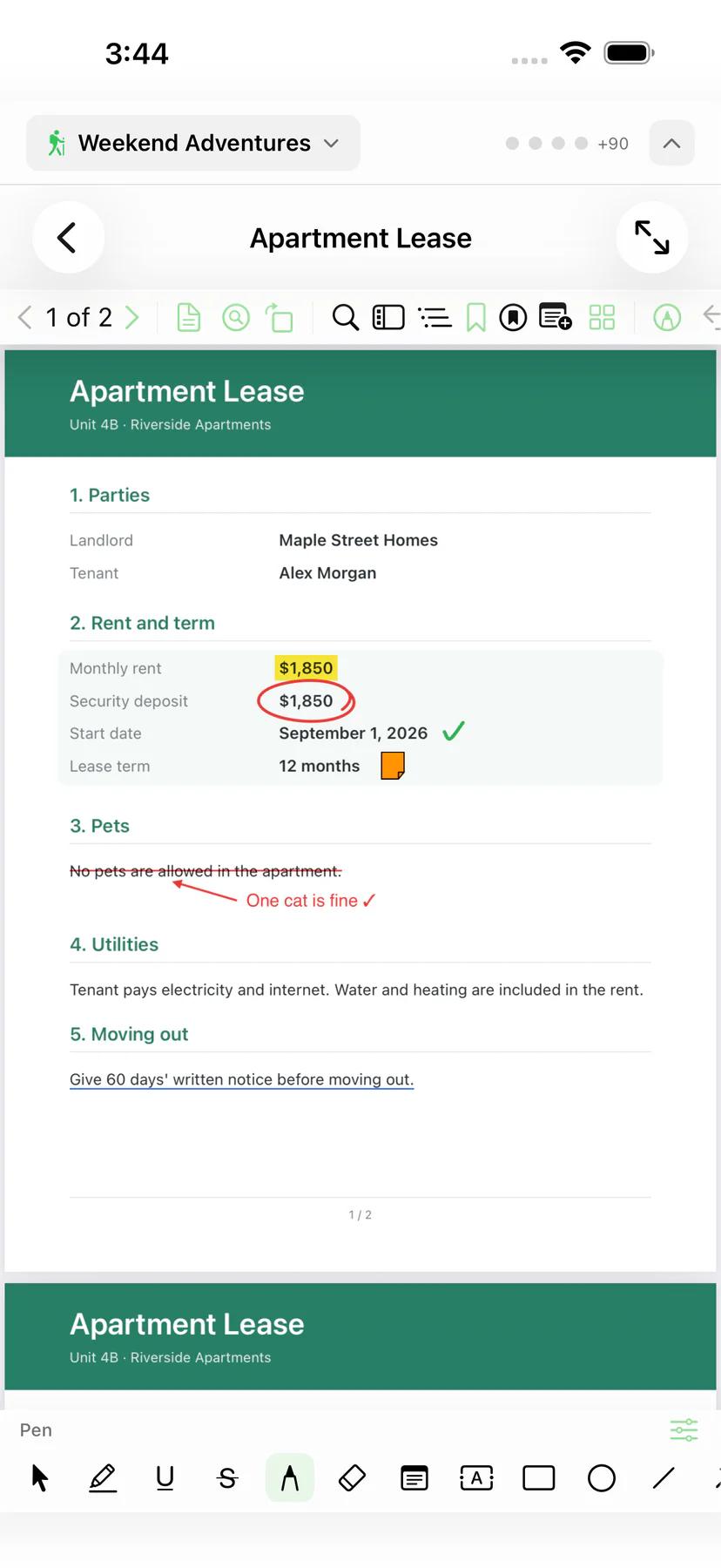 Mintofu on iPhone showing a marked-up PDF with the annotation toolbar