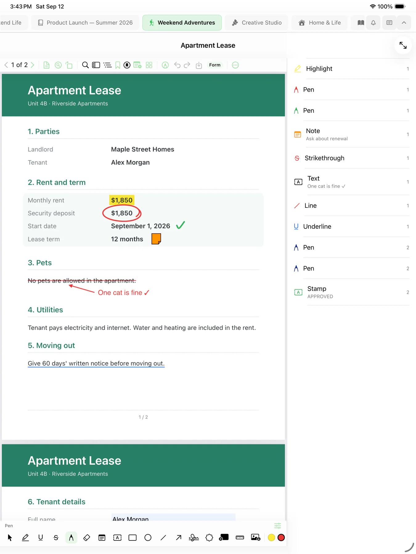 Mintofu on iPad showing a lease PDF marked up with a highlight, a circled amount, a strikethrough with a pen note, and a sticky note, with the annotations list beside it